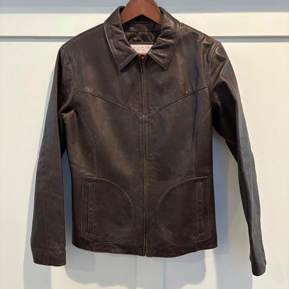 Vtg y2K Wilsons Leather Maxima Jacket Large Slim Chocolate Brown Western Moto - Picture 1 of 16